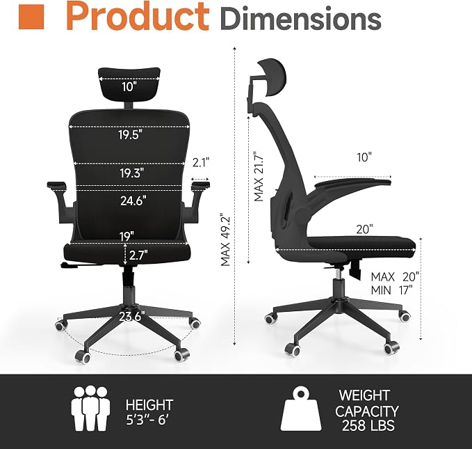 Monhey Office Chair Ergonomic Desk Chair with Lumbar Support&Headrest&Flip-up Arms Height Adjustable Rocking Swivel High Computer Chair Multi-Angle from 90° to 125° with 350LBS Capacity (03All Black) - Image 2