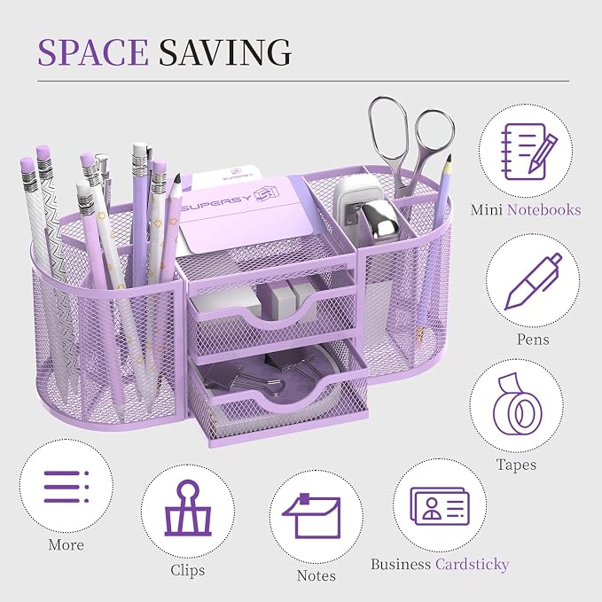 Mesh Desk Organizer, Pen Holder for Desk with 2 Drawers, Purple | Desk Organizers and Accessories with 8 Compartments and 2 Drawers, Pencil Holder for Desk for Small Office Supplies - Image 4