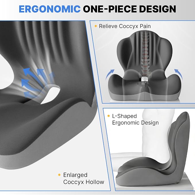 Ergonomic Seat Cushion with L-Shaped Design for Office Chair (Grey) | Memory Foam Orthopedic Cushion with Coccyx Hollow, Lumbar Support & Tailbone Pain Relief for Car, Truck, Gaming Chair - Image 4