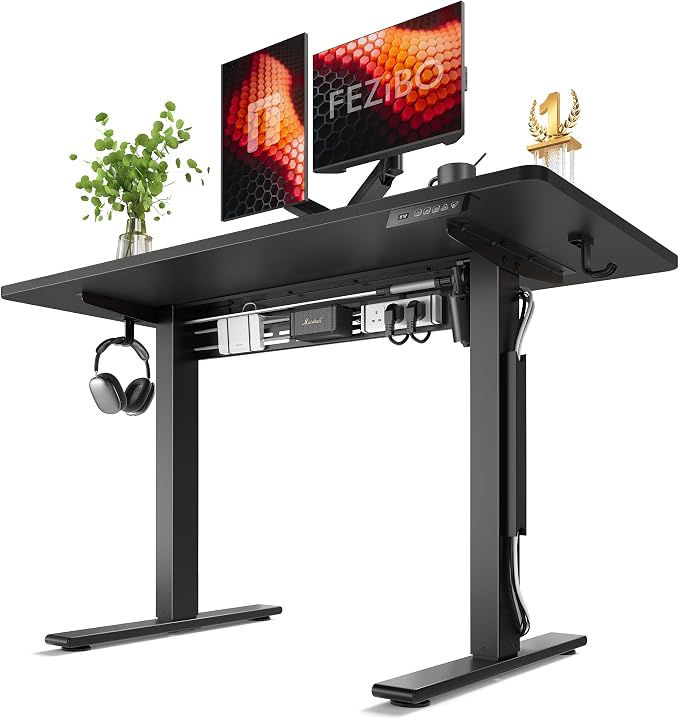 FEZIBO Electric Standing Desk with L-Shaped Crossbar & Cable Management System, 48 x 24 Inches Sit Stand up Desk, Adjustable Height Standing Desk for Home Office, Black by FEZIBO