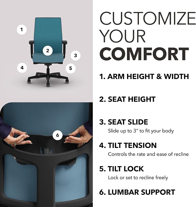 HON Ignition 2.0 Ergonomic Office Chair, Lumbar Support, Desk Chair, Sky | Ergonomic office desk chair with lumbar support, adjustable arms, office decor, workstation comfort for focused productivity - Image 3