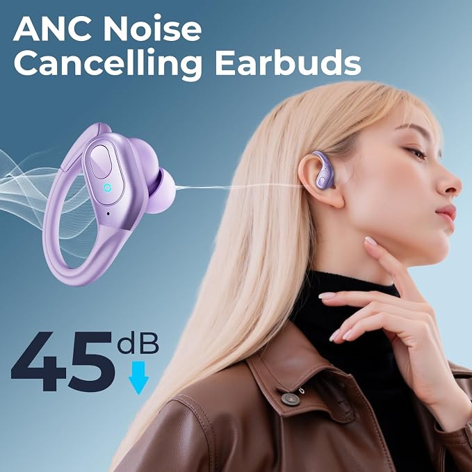 occiam Active Noise Cancelling Earbuds Wireless Bluetooth Headphones | Ear Buds 90Hrs Playback Stereo Bass Earphones with Mic Over-Ear Hooks IPX7 Waterproof Headset for Work Sports - Image 2
