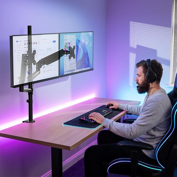 WALI Vertical Dual Monitor Mount for 13-40 inch Curved Screens, up to 22lbs | Stacked Monitor Stand, 31.5 inch Extra Tall Pole, Full Motion with Tilt, Swivel, Rotation, C-Clamp, VESA 75/100mm (GSDM002XL) - Image 9