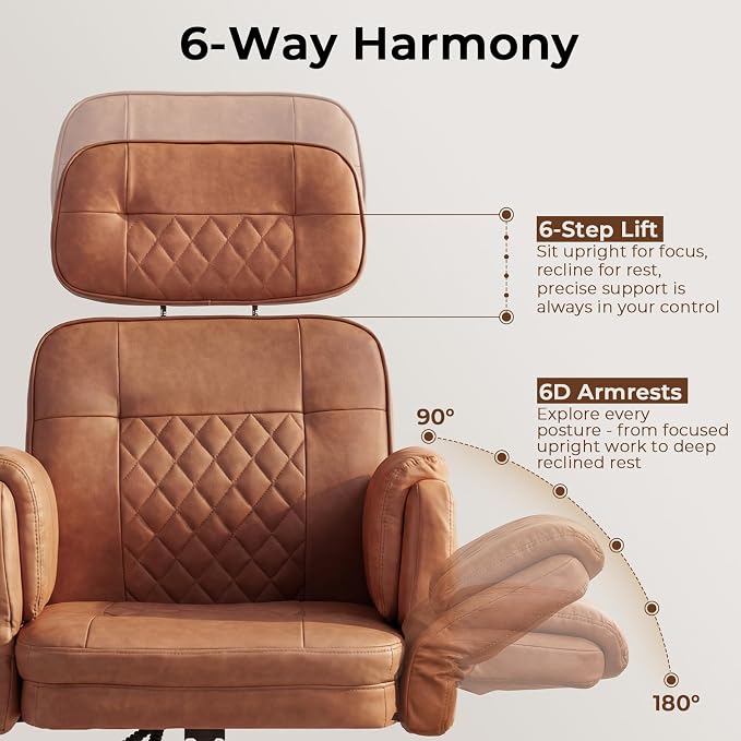 Big and Tall Ergonomic Office Chair, Criss Cross Desk Chair with Pivot Arms | High Back Executive Leather Chair with Spring Seat, Wide Computer Gaming Chair for Home, Makeup & Bedroom, Brown, 49.6”H×22”W - Image 3