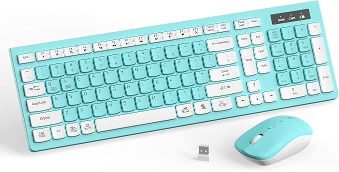 Wireless Keyboard and Mouse Combo Silent for Office and Home(Turquoise) | 2.4G Full Size Silent Cordless Keyboard with Tilt Legs,3-Level DPI Quiet Mouse,for Windows/Mac OS/Desktop/Laptop/PC by RECCAZR