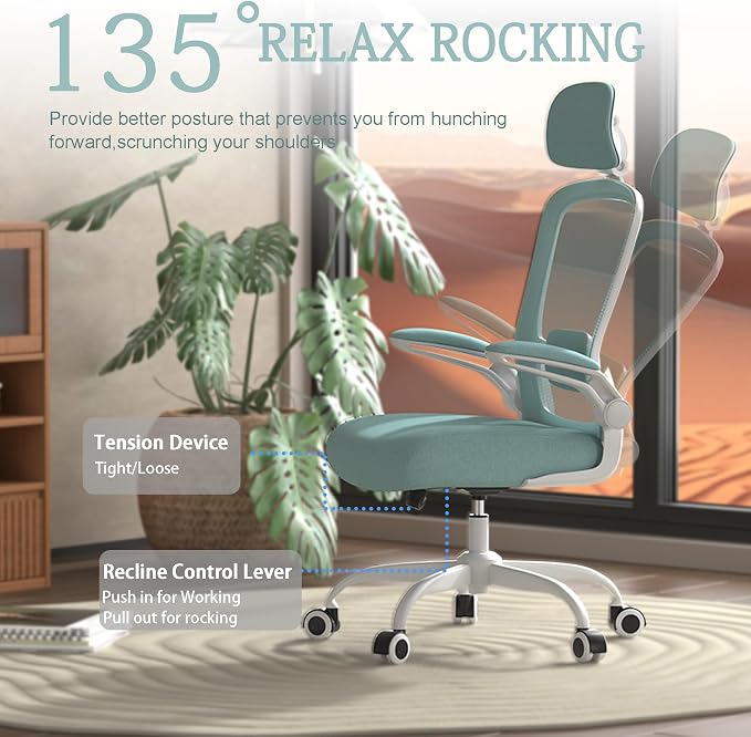Mimoglad Office Chair, High Back Ergonomic Desk Chair with Adjustable Lumbar Support and Headrest, Swivel Task Chair with flip-up Armrests for Guitar Playing, 5 Years Warranty - Image 7