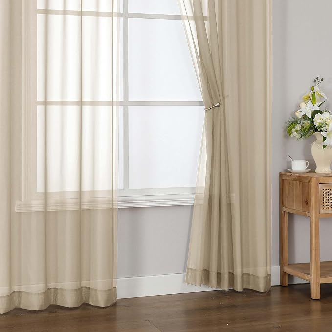 Taupe Sheer Curtains 84 Inches Long 2 Panels for Living Room 52 Wide | Sheer White Curtains for Bedroom, Elegant Airy Light Filtering Window Treatments, Rod Pocket, 2pcs Each Panel 52" W x 84" L - Image 9