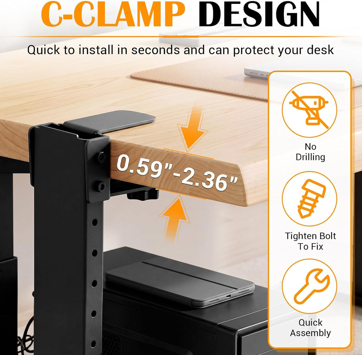 Hicarer Under Desk PC Mount Clamp on PC Tower Stand Adjustable No Drilling - Image 3