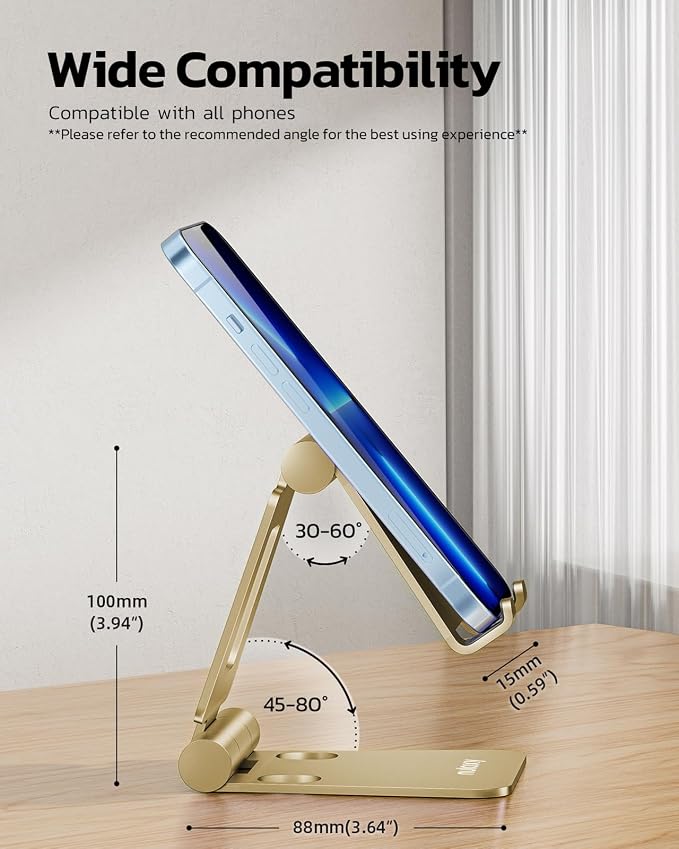 Nulaxy Full Aluminum Dual Folding Cell Phone Stand for Desk, Gold | Height Angle Adjustable, Portable, Anti-Slip Base, Fits 18mm Thick Case Smartphone, Nintendo Switch Desk Essential Accessory - Image 2