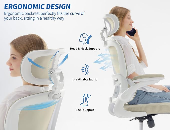TRALT Ergonomic Office Chair Desk Chair with Adjustable Lumbar Support | Home Office Desk Chairs with Flip-up Armrests & 3D Headrest - Mesh Gaming Chairs for Adults, 330lbs, PU Leather (Beige, 1) - Image 3