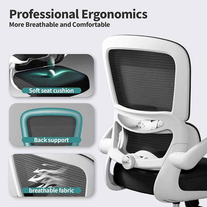 TRALT Office Chair - Ergonomic Desk Chair with Adjustable Lumbar Support, Mesh Computer Chair, Executive Chair for Home Office Comfortable Lumbar Support (1, White+Black) - Image 3