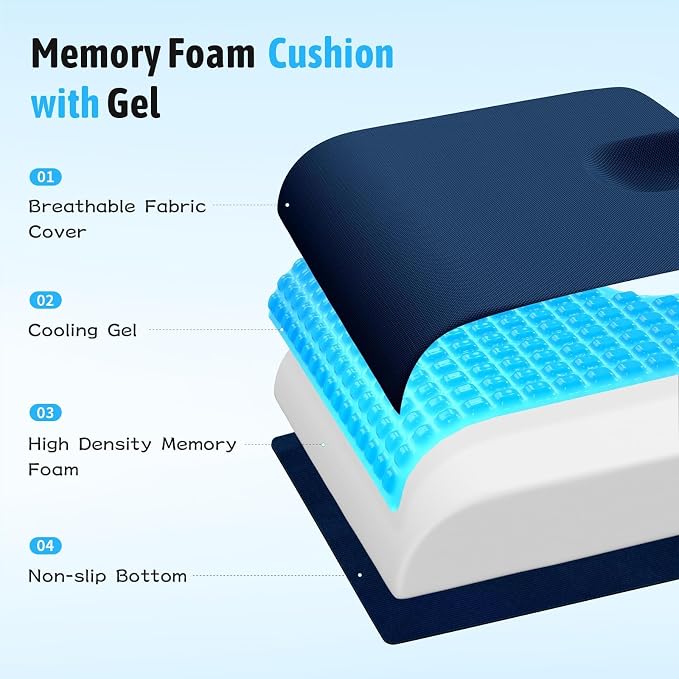 TranquilMoments Seat Cushion, Gel Wheelchair Seat Cushion, Blue | Wheelchair Seat Cushion Cooling Gel Memory Foam, Tailbone Pain Relief & Non - Slip Bottom Chair Cushion - Image 2