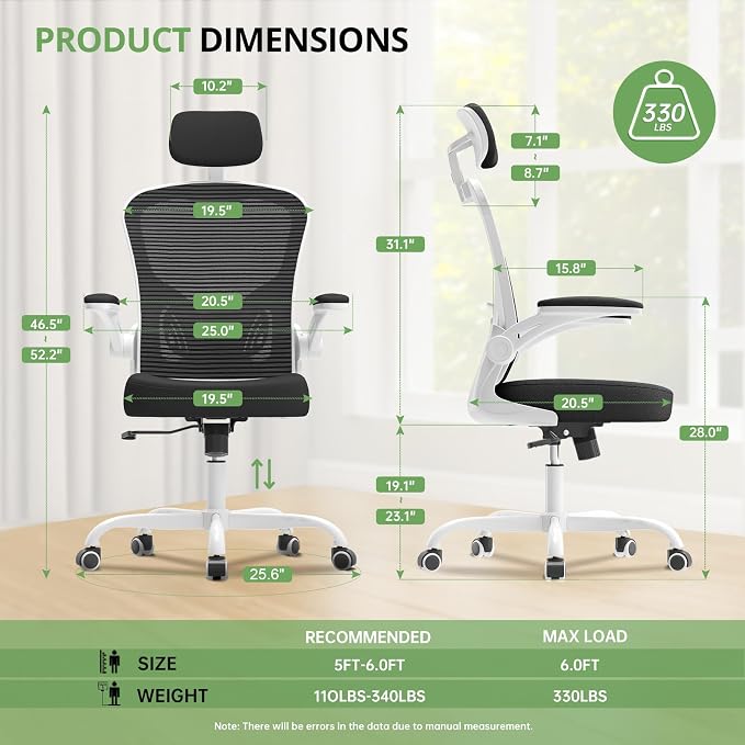 Office Chair|330LBS Capacity Ergonomic Desk Chair | High Back Computer Chair,Long Hours Comfortable,Rolling Swivel,Flip-up Armrests,Home Office - Image 2