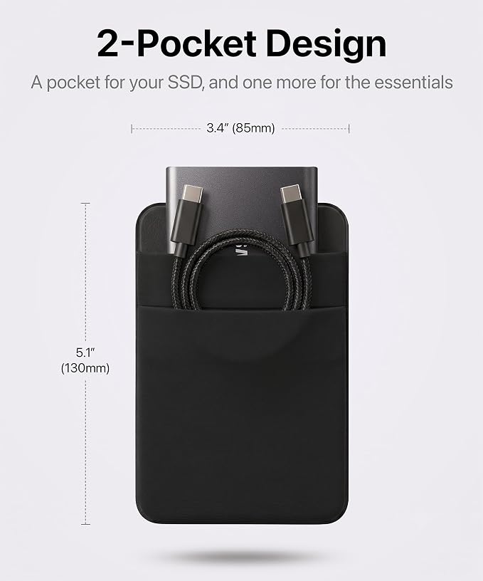 2-Pocket SSD & Hard Drive Holder for Laptop, Reusable 3M Adhesive | Stick-On Sleeve for Portable SSDs | 5.1 x 3.4-Inch Pouch | Separate Pocket for Cables | Built-In Safety Strap - Image 2