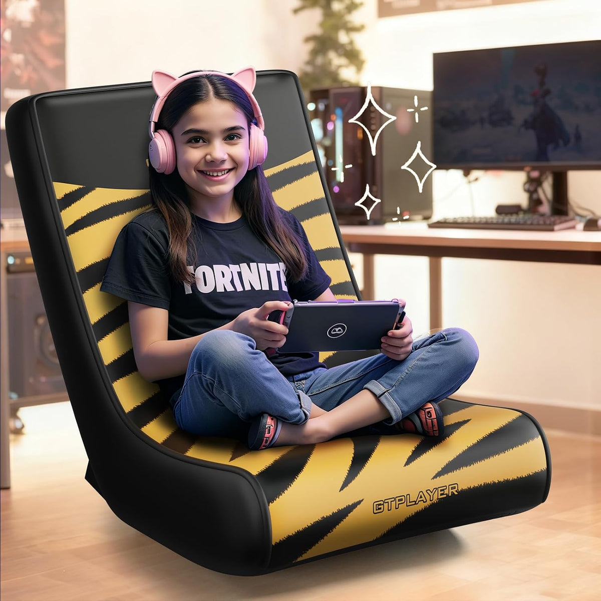 GTPLAYER Floor Rocking Gaming Chair – Floor Rolling Game Chairs with Angle Limiter, Gamer Rocker Floor Seat, Compact & Lightweight, Orange Tiger Patterned (Large) - Image 2