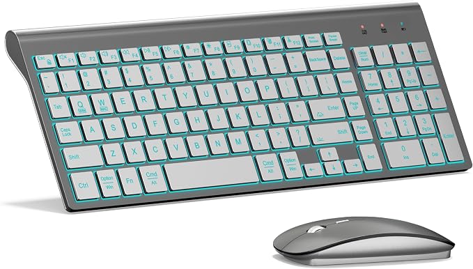 Wireless Backlit Keyboard and Mouse Ultra Slim Combo, TopMate - Gray Silver | 2.4G Silent Compact 2400DPI Mouse and Scissor Switch Keyboard Set, Batteries Included, for PC/Laptop/Windows/Mac/Gaming by TopMate