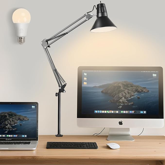 LED Clamp on Desk Lamp, 360°Adjustable Swing Arm Desk Lamp | Clamp Light with Eye-Caring LED Bulb for Home Office Reading Drafting by DXOVEEN