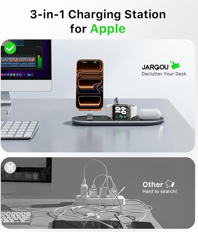 JARGOU Portable 3 in 1 Charging Station for Apple with Magsafe Charger Stand, Fast Magnetic Wireless Charger for iPhone 17 Air 16 15 14 13 12, for Apple Watch Charger, for AirPods - Image 5