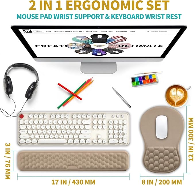 Hokafenle 2 in 1 Ergonomic Mouse Pad Wrist Support & Wrist Rest for Computer Keyboard Set, with Relieve Carpal Tunnel Pain Massage Bulge and Full Memory Gel Design (2In1 Set, Sand Color) - Image 2