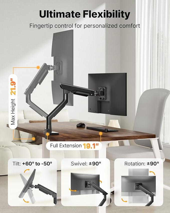 monTEK USB Monitor Arm for 17-57" Ultrawide, 59.4 lbs, Black | USB-A/C ports, pneumatic lift, quick-release VESA 75/100 plate, clamp/grommet bases and cable management - Image 5