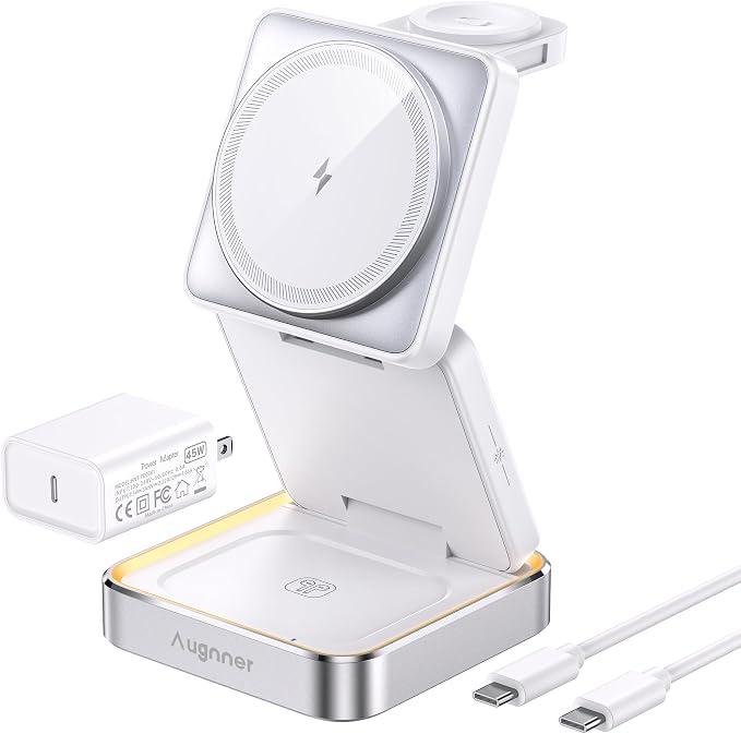 Augnner 25W 3-in-1 Charging Station for Apple Device, White Foldable Magnetic Wireless Charger, Fast Travel Charging Stand for iPhone17/16/15/14/13/12 Series, Apple Watch/AirPods by Augnner