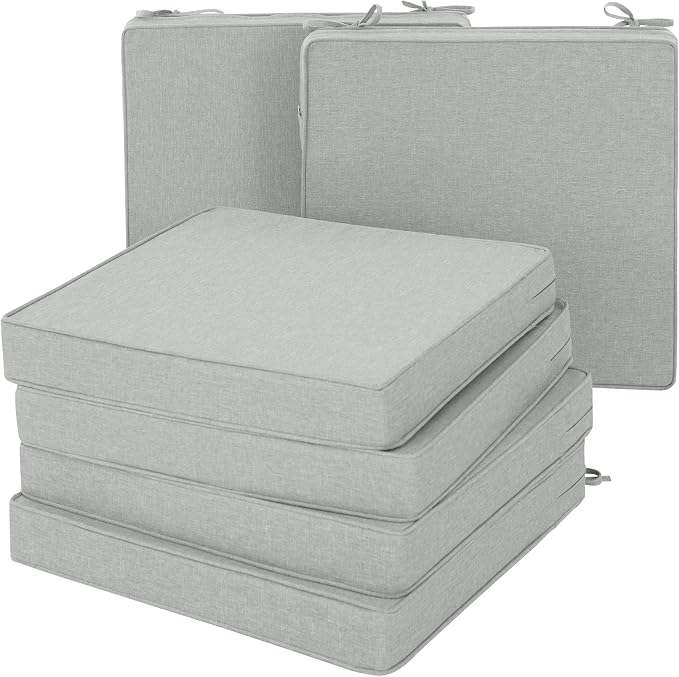 Outdoor Chair Cushions, Set of 6, 24 x 24 Inch, Light Grey | Water Resistant, Fade Resistant, Patio Furniture Square Seat Replacement, Removable Cover with Ties, Non-Slip Bottom by Unknown