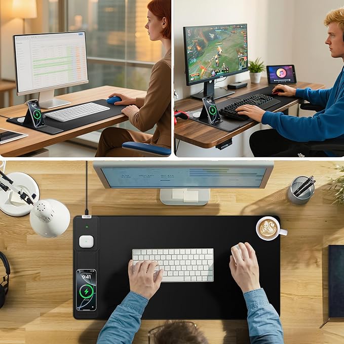 Wireless Charging Mouse Pad with Foldable Phone Holder, 31.5"x15.8", Black | Large Desk Mat for Laptop/Keyboard, Waterproof Ultra-Smooth Surface, Non-Slip Base - Image 4