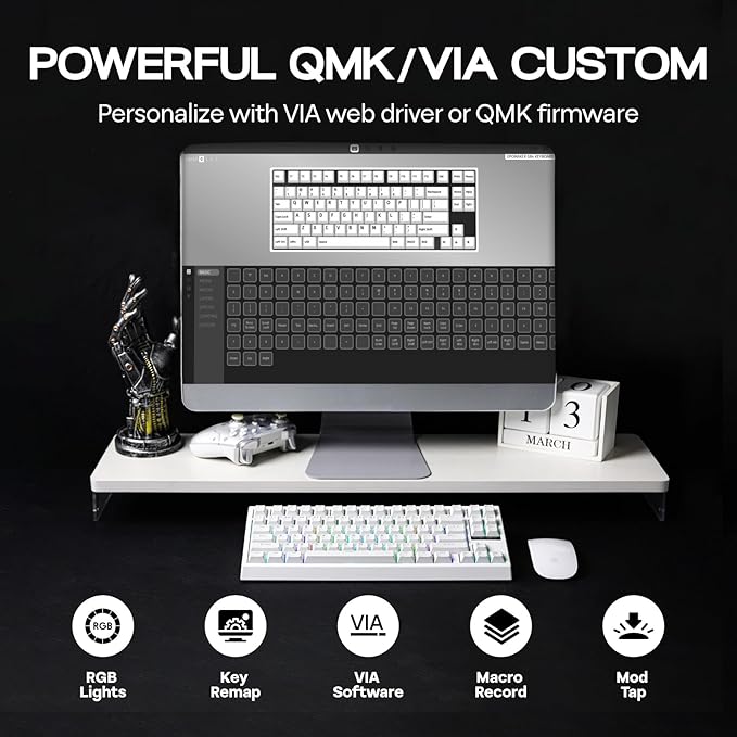 EPOMAKER G84 80% RGB Gaming Mechanical Keyboard with Shine Through Keycaps | 2.4GHz/ Type-C/BT Wireless Keyboard, VIA Programmable, Hot-Swap, Creamy Keyboard for Gamers/Office(White, Creamy Jade Switch) - Image 3
