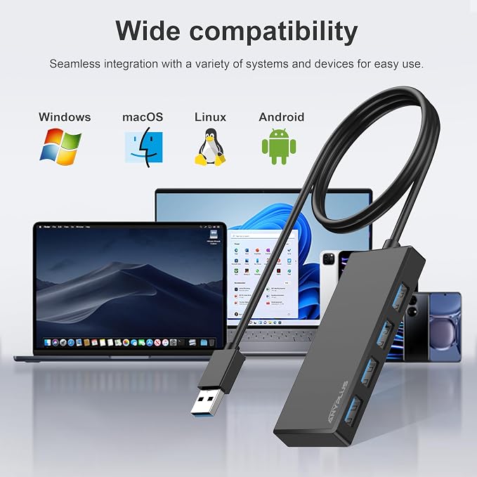 USB Hub, Multiport USB Splitter Adapter, 2 ft Long Cable USB 3.0 Hub, USB Extender for Laptop, PC, iMac, Surface Pro, MacBook, Mac Pro, Flash Drive, XPS, Mouse, HDD, Black, HJ-Black-0.5M-001 - Image 7