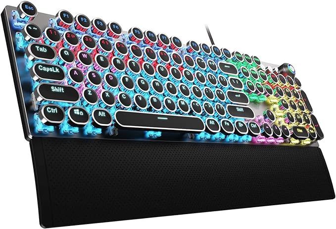 AULA F2088 Typewriter Style Mechanical Gaming Keyboard Wired,Blue Switches,Rainbow LED Backlit,Removable Wrist Rest,Media Control Knob,Retro Punk Round Keycaps,USB Wired Computer Keyboard by AULA