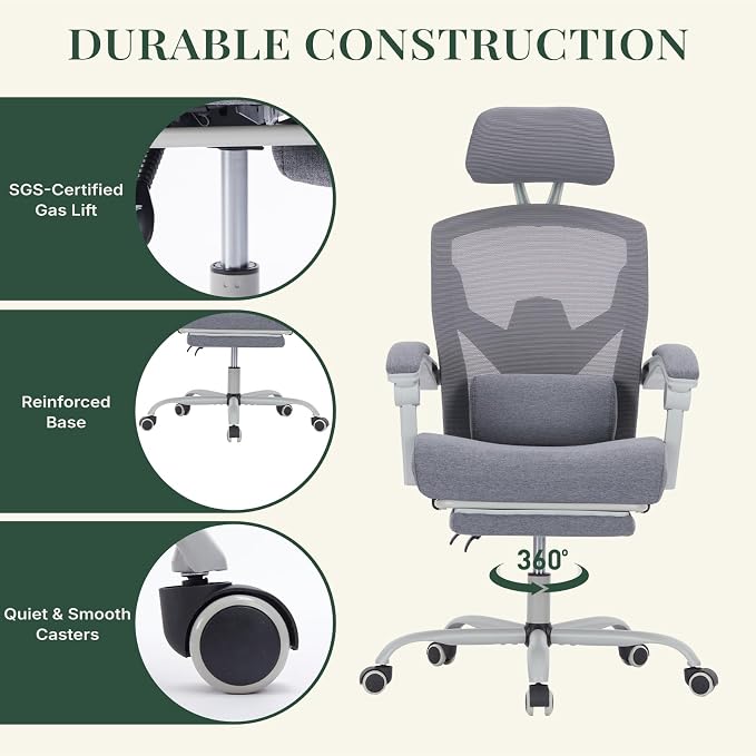 Ergonomic Office Chair with Footrest, Computer Gaming Chair | Adjustable Headrest, Lumbar Support, Swivel Reclining, Padded Armrest, Mesh High Back, Home Desk Work Study, Grey - Image 8