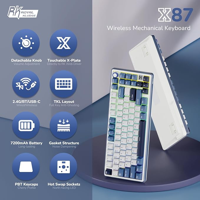 RK ROYAL KLUDGE X87 Gasket Mechanical Keyboard, 75% Wireless Gaming Keyboard with Touchable X-Plate & Volume Knob, Bluetooth/2.4GHz/Wired, Hot Swappable RGB Backlit (Blue, Tactile Beige Switch) - Image 2