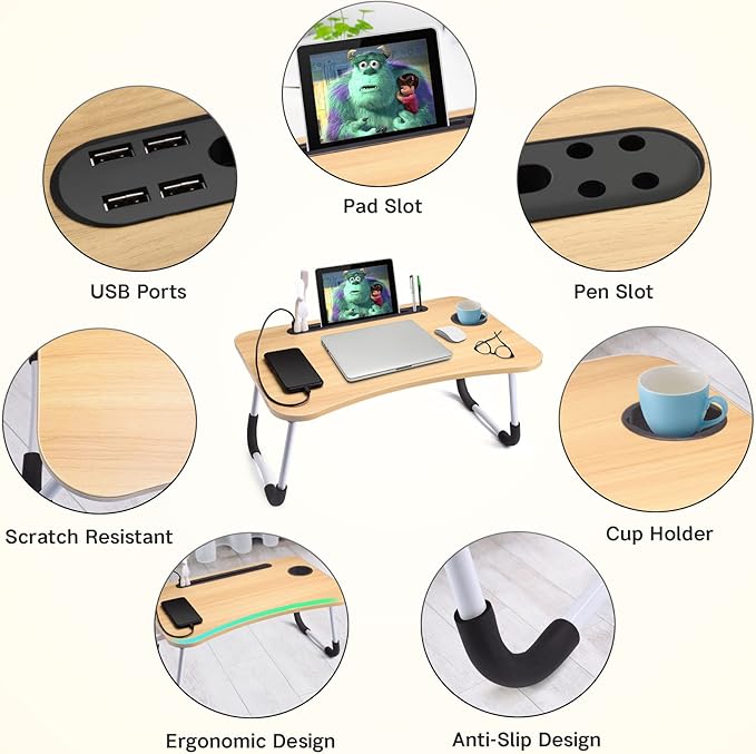 Slendor Foldable Lap Desk with Cup Holder for Bed, Couch, Floor | Portable,with USB Light, Fan, Pen Holder,Tablet Holder,for Laptop,Writing,Eating,Walnut - Image 4