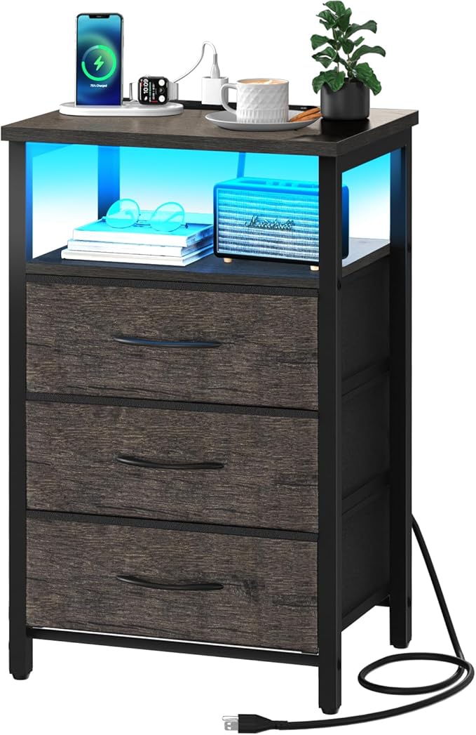 Yoobure Night Stand with Charging Station, 3 Fabric Drawers Nightstand, Bedside Tables with Storage Shelf, End Table with 16 Colors LED, Small Dresser for Small Space, Gray | 16 Colors Bedside Table with 3 Fabric Drawers & Storage Shelf, End Table with... by Yoobure
