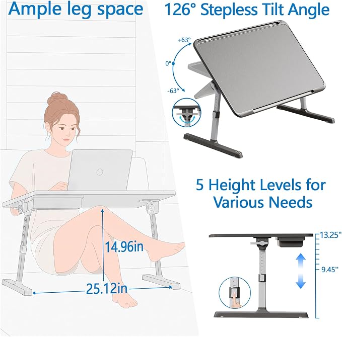 Potuopy Adjustable Laptop Lap Desk, Foldable Bed Table Tray Fit 17" Laptops | Portable Lap Desks for Adults with 8 Heights & Tilt & storage, Computer Laptop Stand for Painting & Writing on Couch Recliner - Image 3