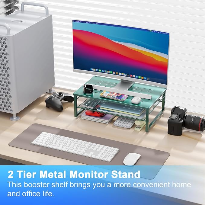 gianotter 2-Tier Metal Monitor Stand Riser | Desk Organizers and Accessories, Desk Organizer for Monitor, Office Desk Storage Organizer for Office Supplies (Dark Green) - Image 2
