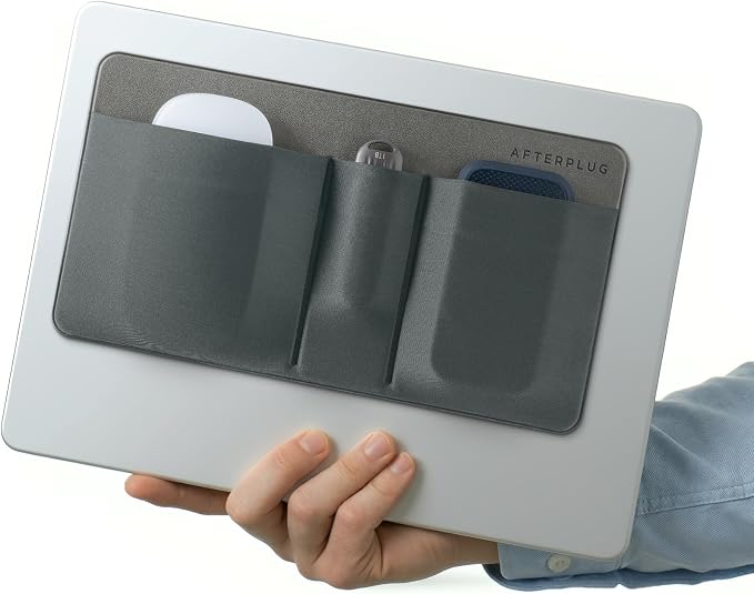 3-Pocket Mouse & Hard Drive Holder for Laptop, Stick-On Pouch | Reusable 3M Adhesive | Fits 2.5-Inch External HDDs, SSDs, Mice, USB Drives & More | Elastic Sleeve with Built-In Safety Strap by Afterplug