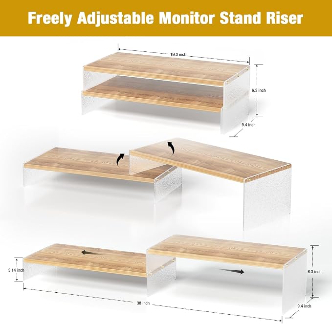 YGYQZ Adjustable Monitor Stand Riser, 9.4" ×19.3" Dual Monitor Desk Stand | Adjustable Monitor Riser, Expandable Desk Organizer, 2-Tier Storage, Acrylic Legs, Ergonomic Workspace, Wood Glacial Striae - Image 2