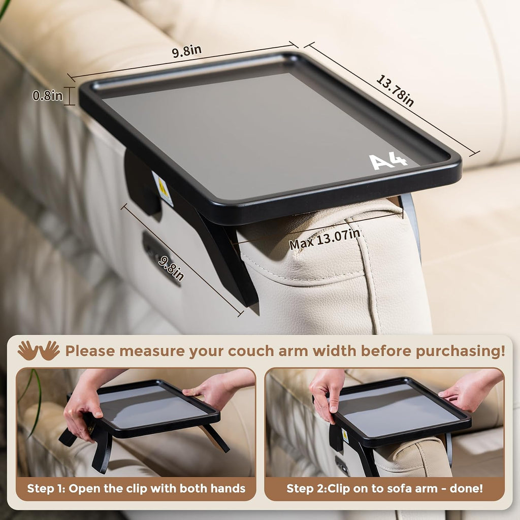 Couch Armrest Table, Foldable Bamboo Sofa Arm Tray for Couch with a Non-Slip Pad, Clip On Couch Arm Table for Remotes/Eatting/Drinks, Fits Sofa Armrest 3.5"-13.5" Black - Image 2