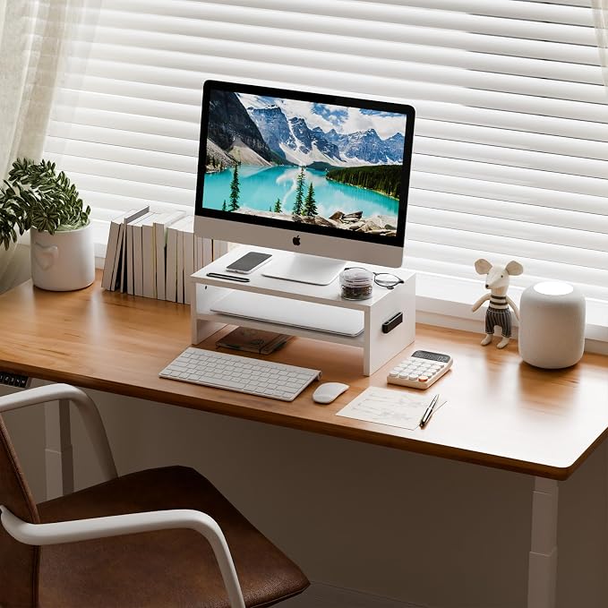 Marbrasse Wood Monitor Stand Riser,Desk Computer Printer Shelf Stand，White | 2 Tier Laptop Computer Screen Storage, Desktop Stand with Phone Holder and Cable Management - Image 2