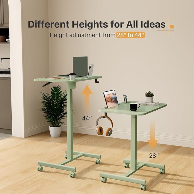 28” Rolling Standing Desk Height Adjustable with 4 Lockable Wheels | Small Mobile Laptop Stand Up Cart with Cup Holder, Portable Teacher Computer Workstation with Hook and Slots, Green - Image 4