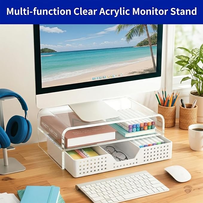 Desk Organizer and Accessories, 2-Tier Computer Monitor Stand Riser with Drawer and 2 Pen Holders, Laptop Stand, Office Desk Accessories for Office Supplies, 1 Pack, Transparent - Image 4
