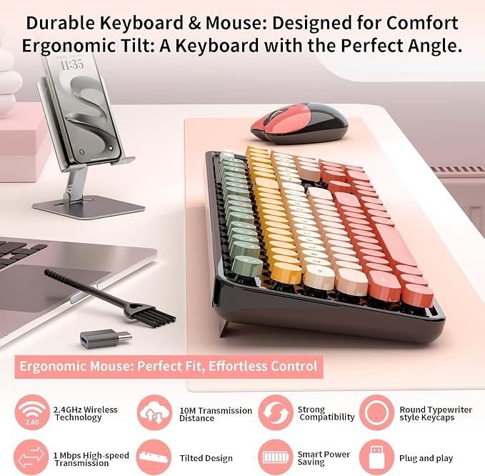 Wireless Keyboard and Mouse, MOFII 104 Round Keycaps Retro Typewriter with OTG & Brush, Full-Size Ergonomic, Ideal for Windows PC, Home, Office and College Rainbow Red - Image 2