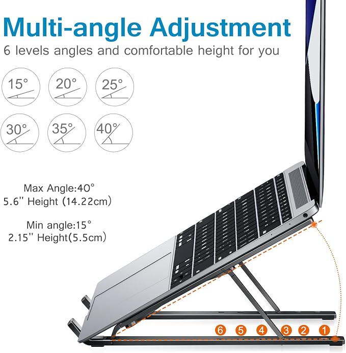 ivoler Laptop Stand, Laptop Holder Riser Computer Tablet Stand, 6 Angles Adjustable Aluminum Ergonomic Foldable Portable Desktop Holder Compatible with 10-15.6” MacBook,iPad, HP, Dell, Lenovo Black - Image 4