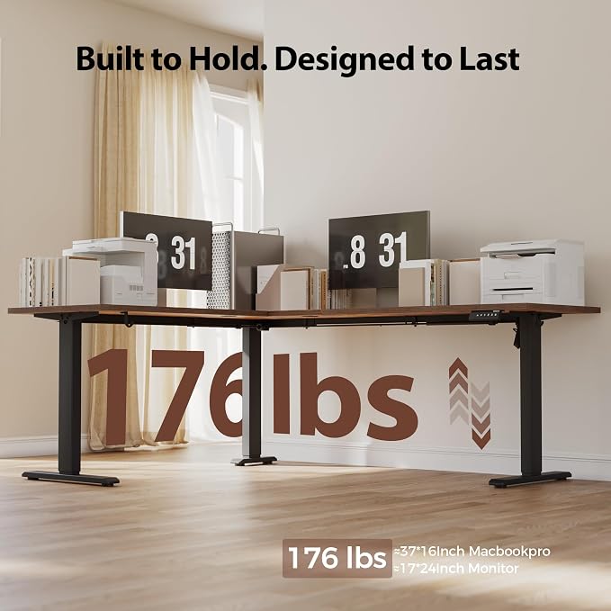 Agilestic L Shaped Standing Desk Adjustable Height, 75 Inch, Rustic Brown | Electric Height Adjustable, Spacious Corner Desktop, Sturdy Steel Frame, Memory Presets, 176 lbs, Splice Board - Image 6