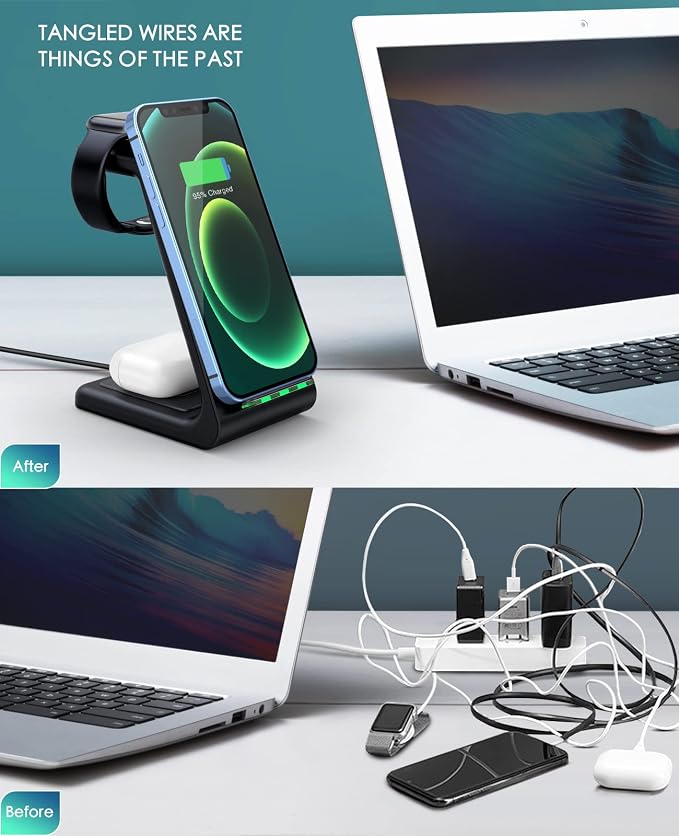 3 in 1 Wireless Charging Station, 2026 Upgraded Fast Desk Charger Station for iPhone 17 16 15 14 13 12 Pro Max Plus, Charger Stand for Apple Watch 10 9 8 7 6 5 4 3 2 SE, Airpods 4 3 2 Pro(Black) - Image 6