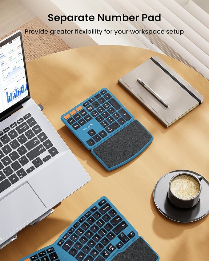 ProtoArc Wireless Ergonomic Keyboard with Separate Number Pad - Blue | 2.4G and Dual Bluetooth, Hard Palm Rest, Split Design, Rechargeable, Compatible with Windows, Mac - Image 5
