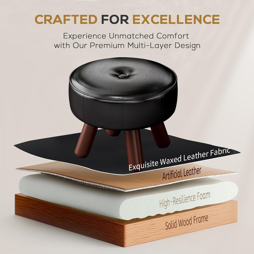 13in Small Round Foot Stool, Faux Leather Footrest, Black Footstool Ottoman - Image 6