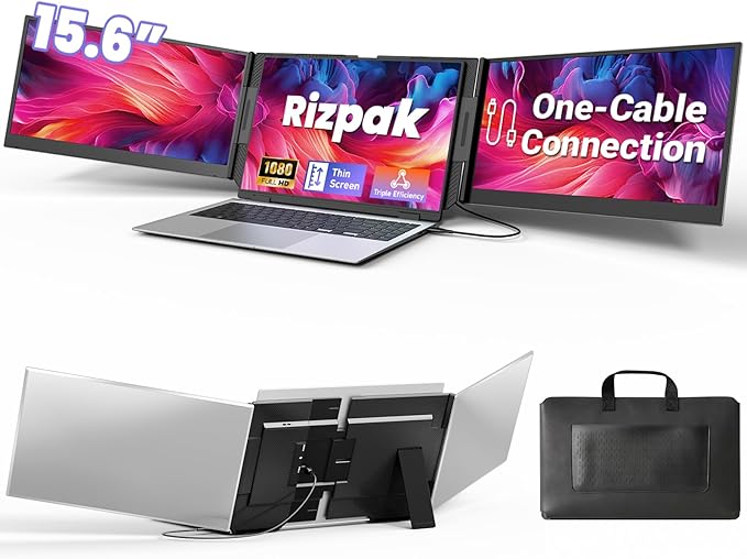 One Cable Laptop Screen Extender, 15.6” Ultra-Slim Triple Portable Monitor, 1080P FHD IPS Display, USB-C/A Connection, Travel Monitor for 13–17.3" Laptops, for Mac/Win/Android (Driver Required) by Unknown