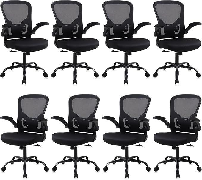 Flysky Mesh Office Chair, Ergonomic Computer Desk Chairs (Black, Set of 8) | Comfy/Comfortable Flip-up Arm Rests, Lumbar Support, Height Adjustable, 360 Degree Rolling Swivel for Home Office by showyourstyle